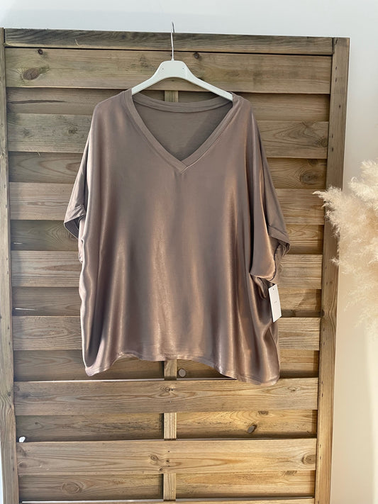Haut satiné bi-matière Taupe