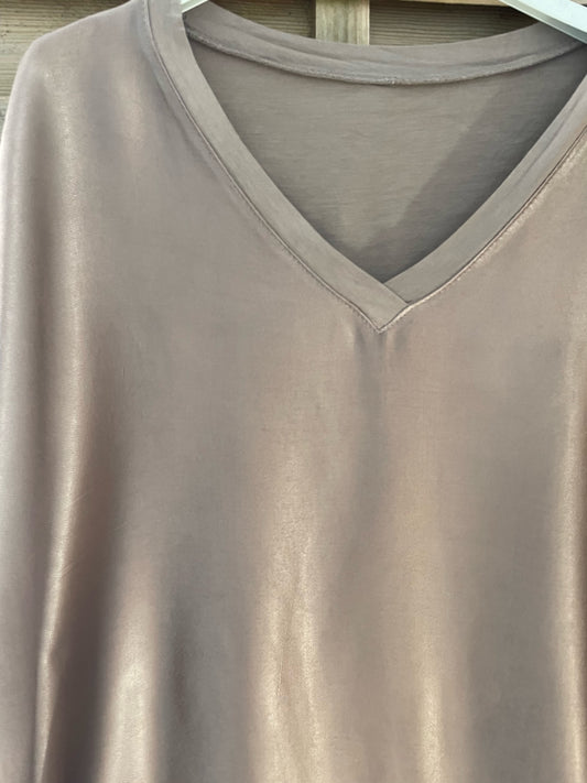 Haut satiné bi-matière Taupe